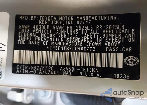 2017 Toyota Camry Se from USA, damaged, VIN 4T1BF1FK7HU400773